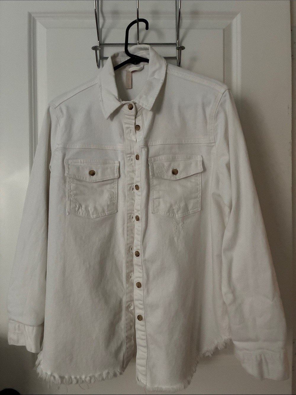 NWOT Anthropologie Light Beige Button-Front Denim Shacket with Frayed Hem